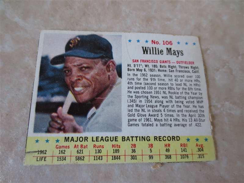 1963 Post Cereal Willie Mays baseball card #106
