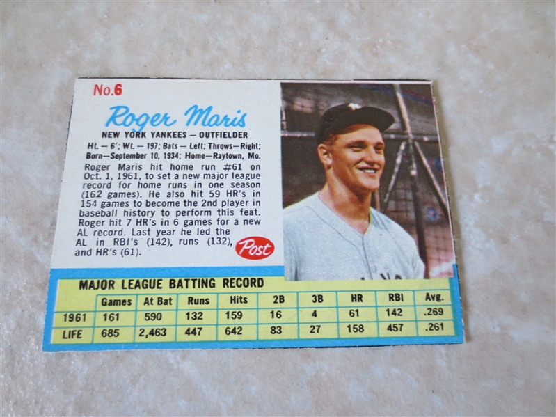 1962 Post Cereal Roger Maris baseball card #6  Very nice shape!