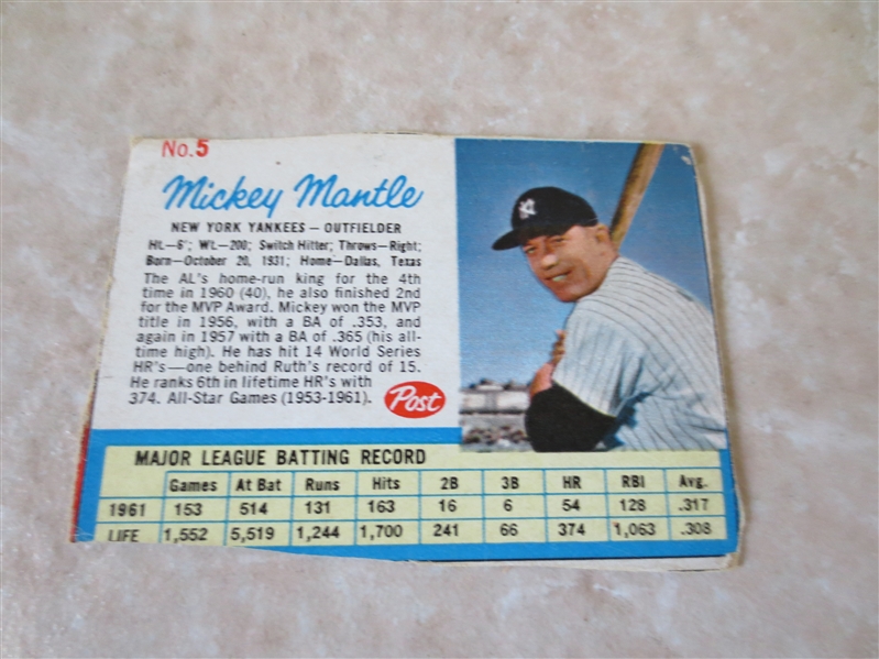 1962 Post Cereal Mickey Mantle baseball card #5