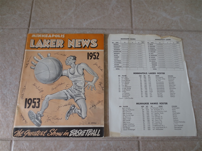 1952-53 Milwaukee Hawks at Minneapolis Lakers basketball program  George Mikan