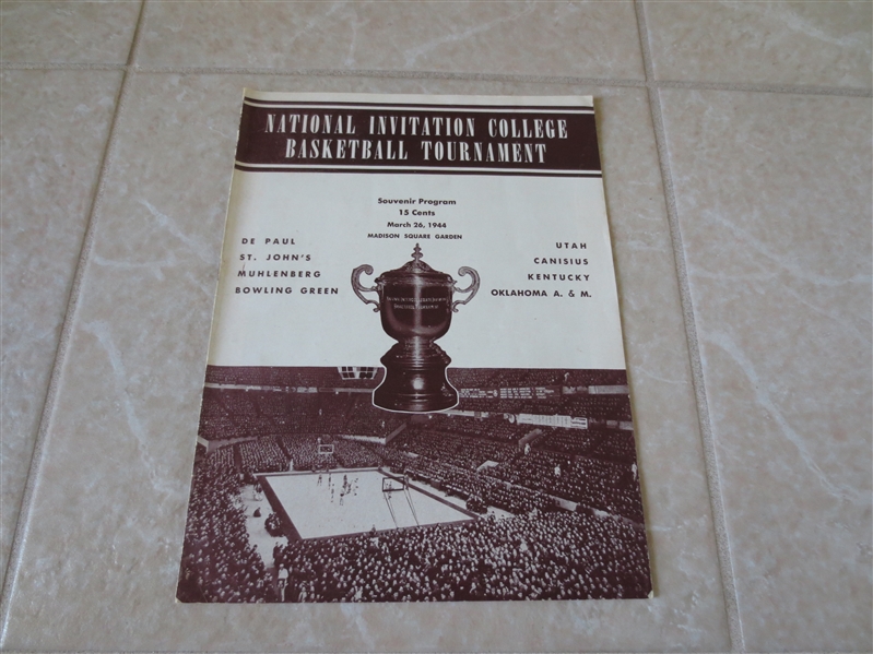 1944 NIT Basketball Finals Tournament program St. John, OK A & M, Kentucky, DePaul