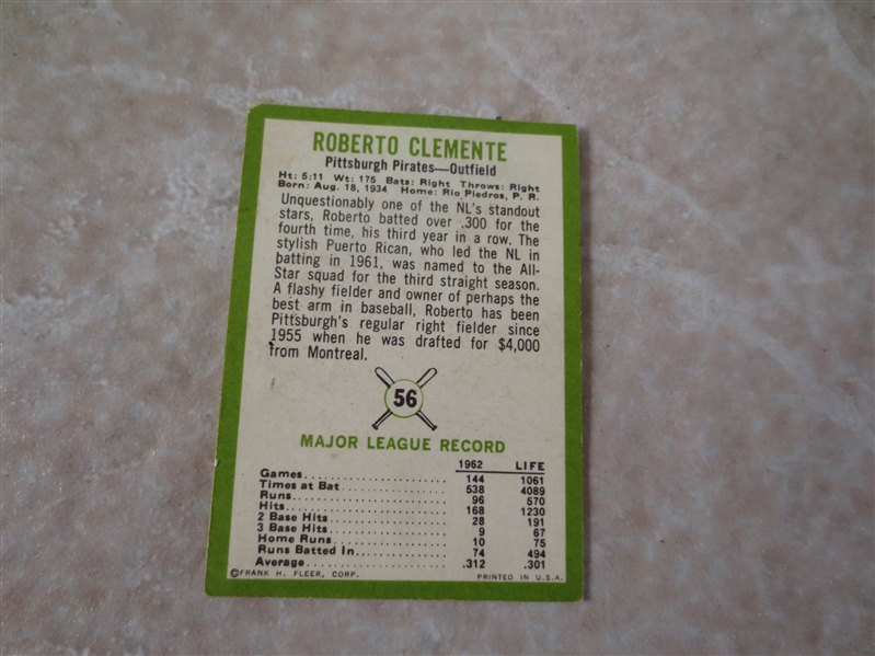 1962 Topps Bob Clemente #10 plus 1963 Fleer Roberto Clemente #56 baseball cards