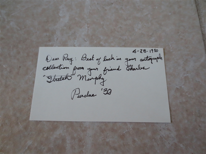 Autographed Charles Stretch Murphy basketball 3 x 5 card HOFer played with John Wooden at Purdue