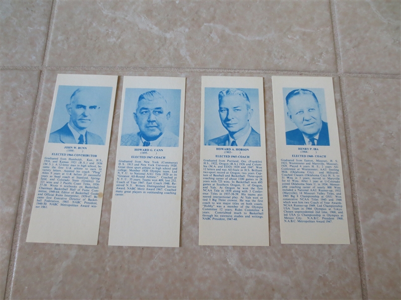 (4) 1968 Hall of Fame bookmarks:  John Bunn, Howard Cann, Howard Hobson, Henry Iba