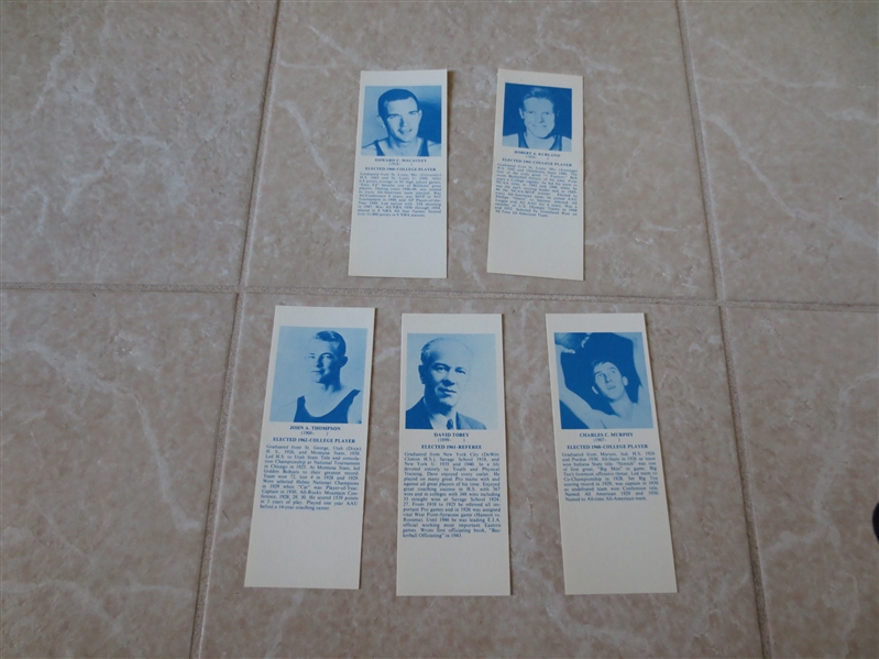 (5) 1968 Hall of Fame Bookmarks:  Stretch Murphy, Kurland, Tobey, Macauley, Thompson