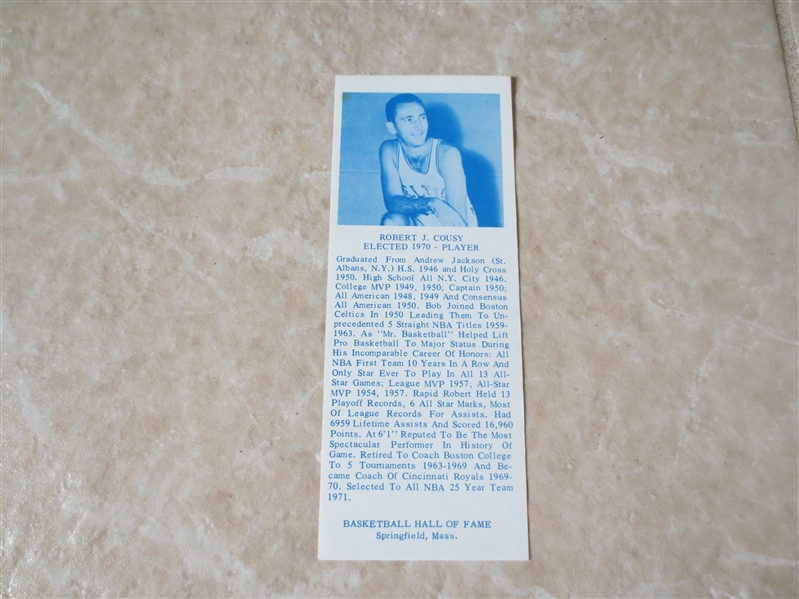 1971 Bob Cousy Basketball Hall of Fame Bookmark  VERY RARE!  Super condition