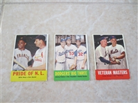 (3) 1963 Topps HOF baseball cards: Pride of NL, Dodgers Big Three, Veteran Masters