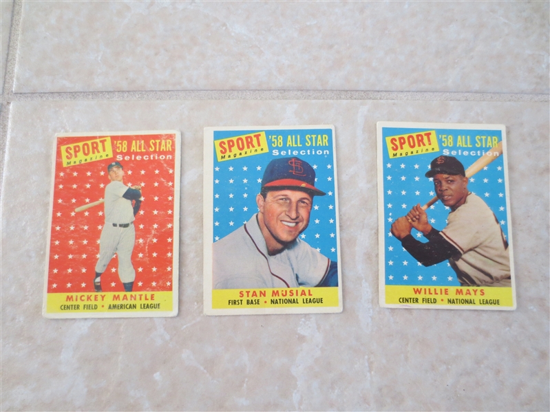 (3) 1958 Topps Sports Magazine baseball cards:  Mantle, Mays, Musial