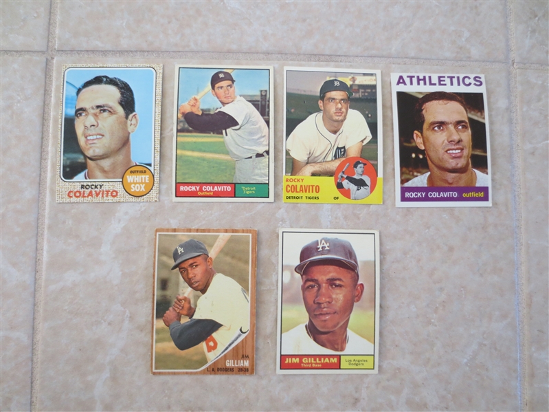 (6) 1960's Topps baseball cards of Rocky Colavito and Jim Gilliam