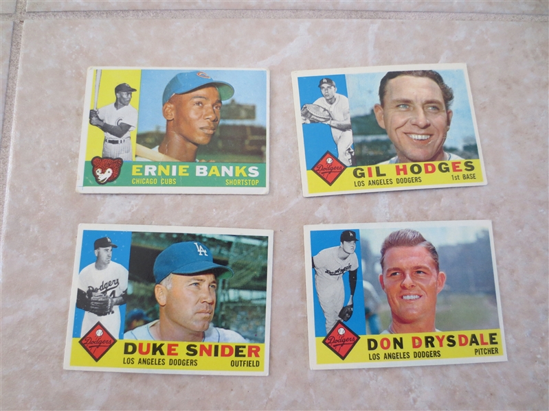 (4) 1960 Topps baseball cards All HOFers: Snider, Banks, Hodges, Drysdale