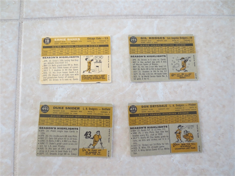 (4) 1960 Topps baseball cards All HOFers: Snider, Banks, Hodges, Drysdale