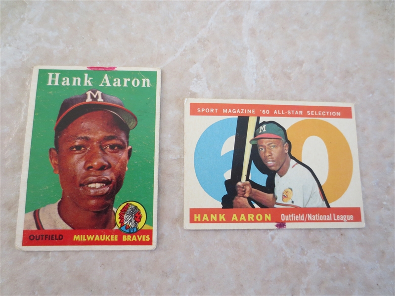 1958 Topps Hank Aaron #30 plus 1960 Hank Aaron Sport Magazine #566 baseball cards 