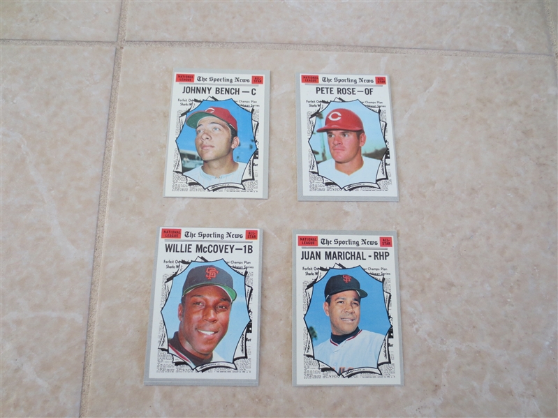 (4) 1970 Topps Sporting News baseball cards: McCovey, Marichal, Bench, Rose  All very nice condition