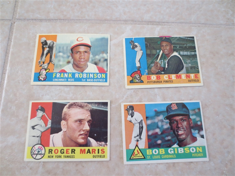 (4) 1960 Topps baseball cards of Hall of Famers: Clemente, Maris, Gibson, Frank Robinson