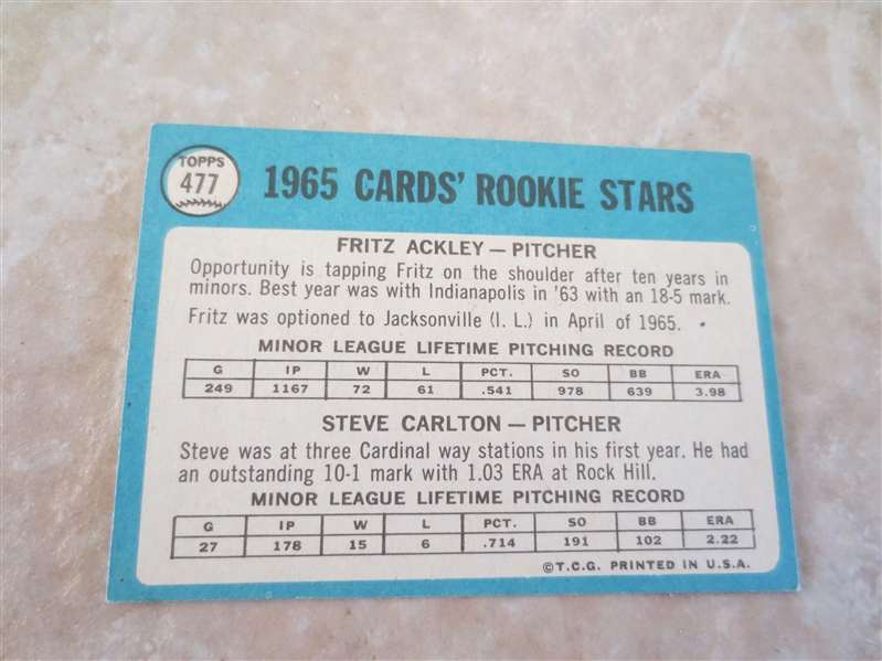 1965 Topps Steve Carlton rookie baseball card #477 in super condition!