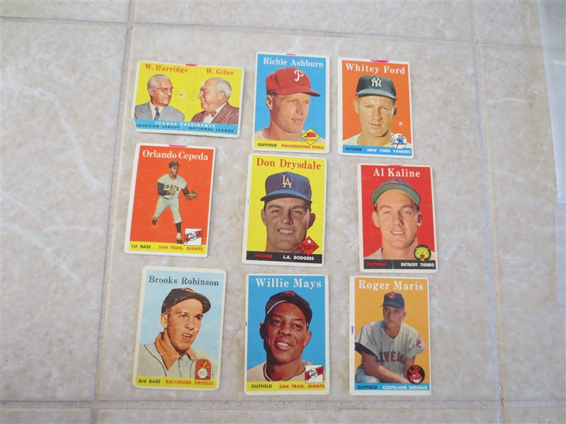 (9) 1958 Topps Hall of Famer baseball cards in rough shape