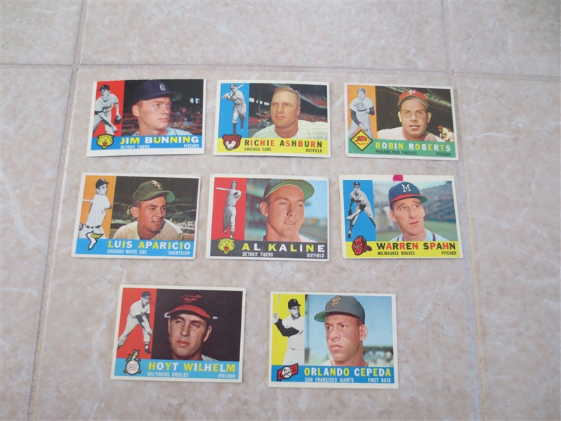 (8) 1960 Topps Hall of Famer baseball cards: Kaline, Spahn, Cepeda, Roberts, Ashburn, Wilhelm, Aparicio, Bunning