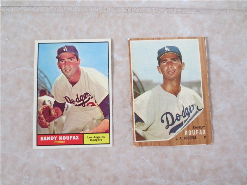 1961 and 1962 Topps Sandy Koufax baseball cards---the 1962 is blank back