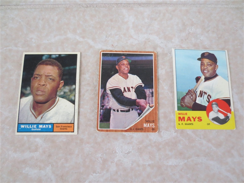 1961, 62, 63 Topps Willie Mays baseball cards