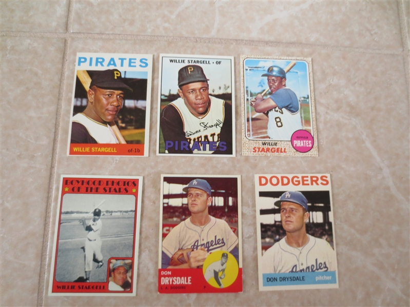 (6) Vintage Topps Willie Stargell and Don Drysdale baseball cards 