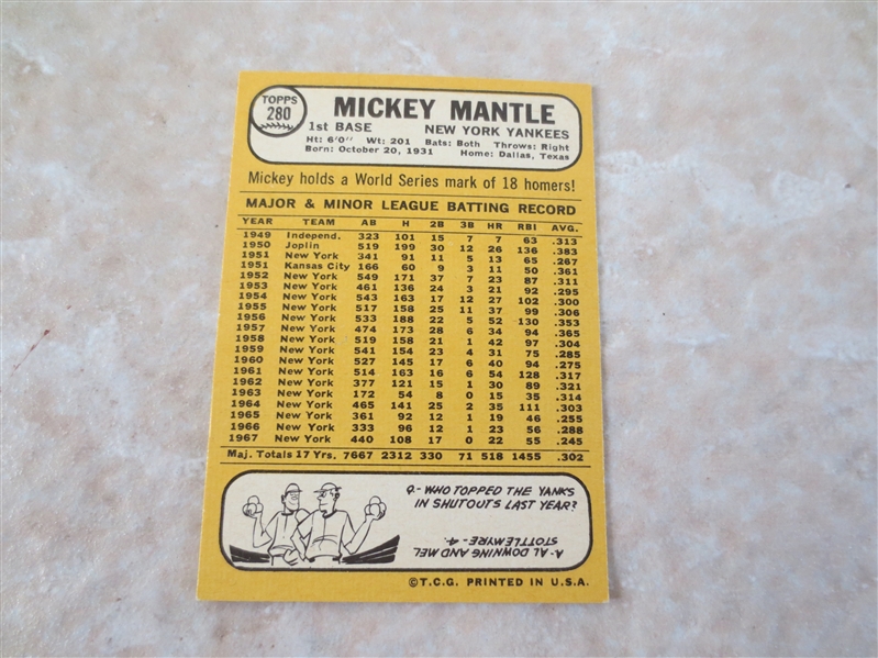 1968 Topps Mickey Mantle baseball card #280  A Beauty!