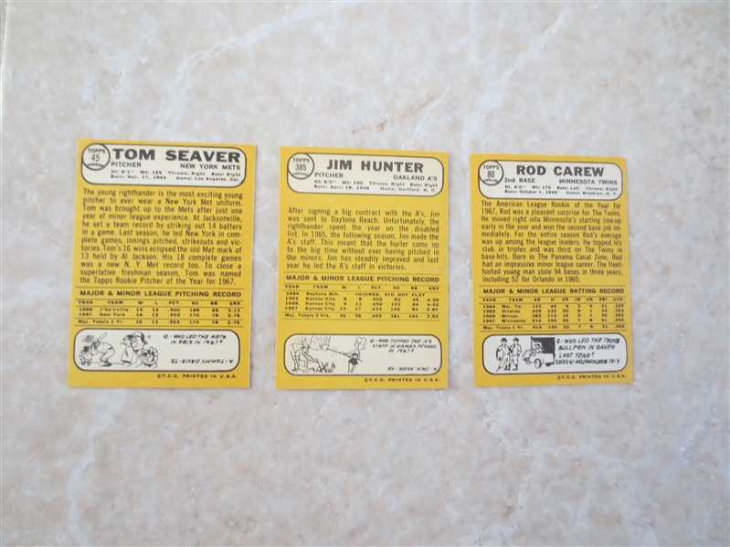 (3) 1968 Topps baseball cards: Tom Seaver, Rod Carew, Jim Hunter Beautiful   Send to PSA?
