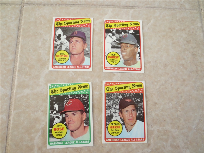 (4) 1969 Topps Sporting News All Stars in beautiful condition  Rose, Yaz, Brooks, Carew