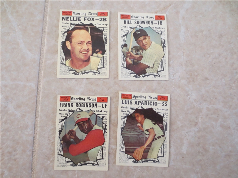 1961 Topps Sporting News Baseball Cards of Frank Robinson, Nellie Fox, Luis Aparicio, and Bill Skowron