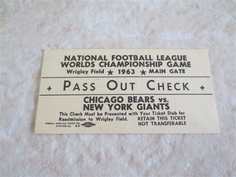 1963 NFL Championship Pass Out Check Ticket  Chicago Bears vs. New York Giants