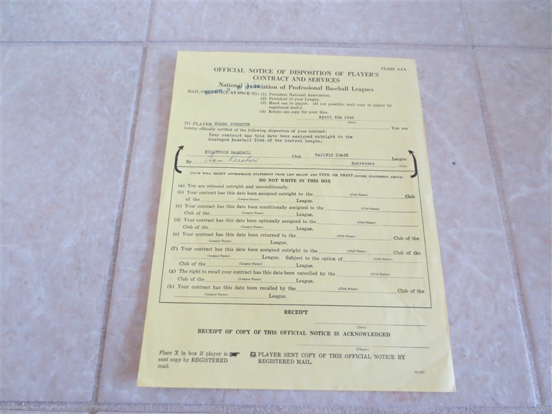 1948 Hollywood Stars PCL Player Contract signed by Oscar Reichow V.P. Secretary  RARE