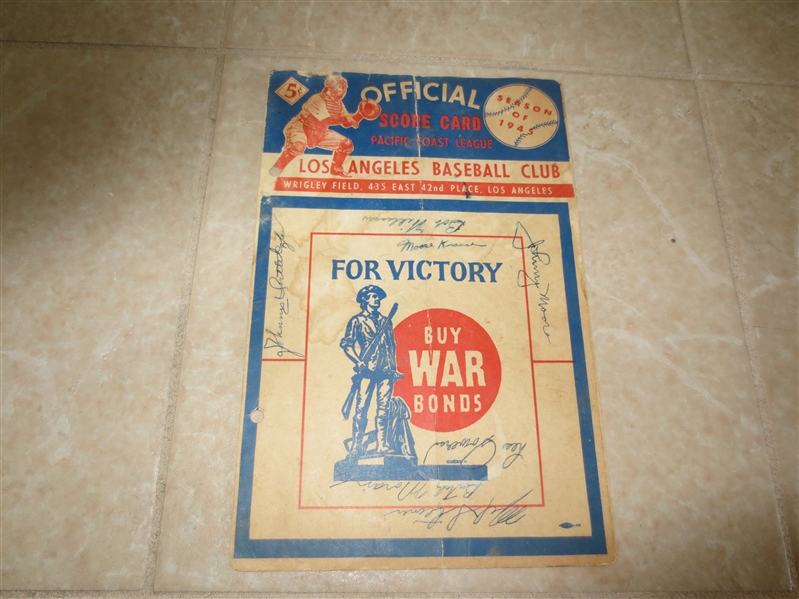 1945 Los Angeles Angels PCL scorecard with 7 autographs including Moose Krause