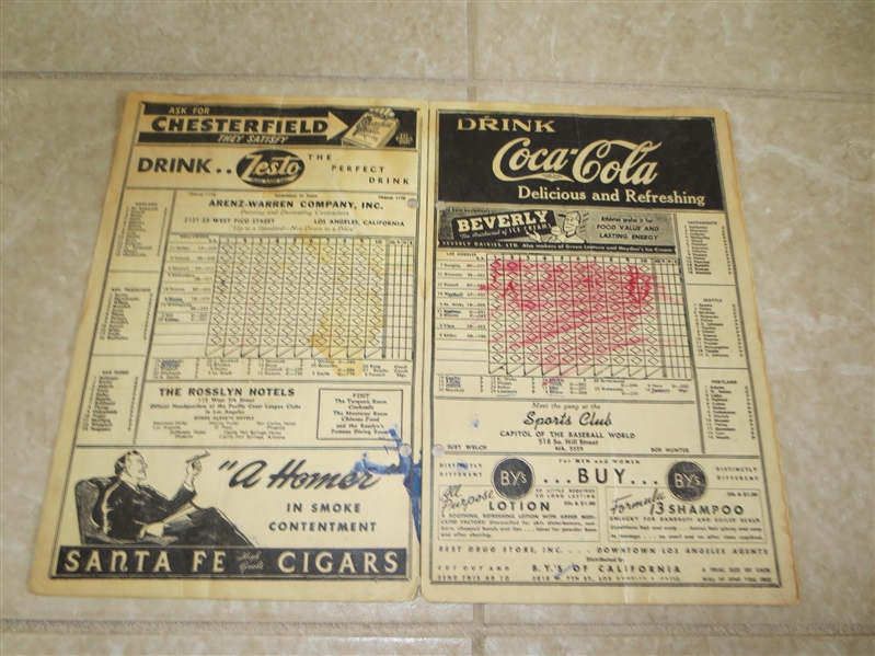 1945 Los Angeles Angels PCL scorecard with 7 autographs including Moose Krause