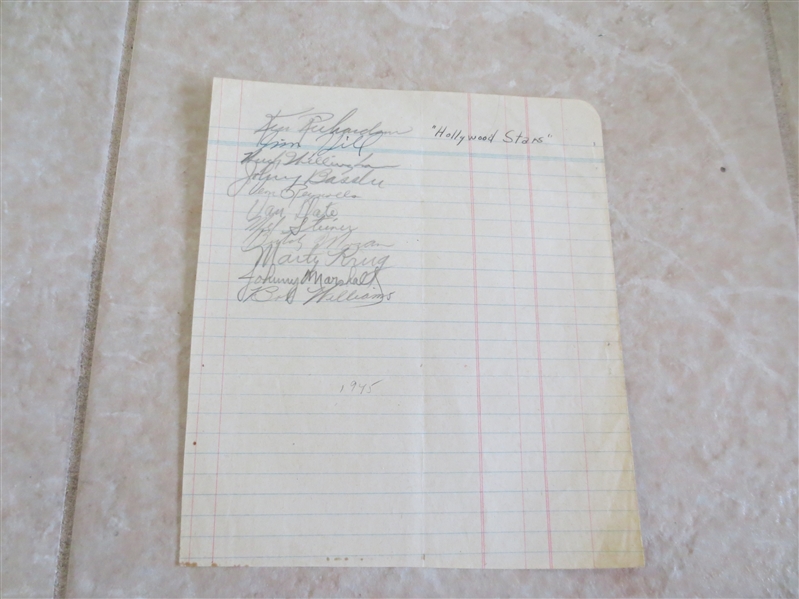 1945 Hollywood Stars PCL autograph sheet with 11 autographs including Marty Krug