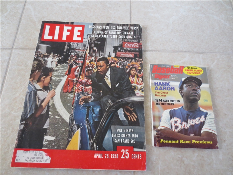 1958 Life Magazine Willie Mays cover + April 1974 Baseball Digest Hank Aaron cover