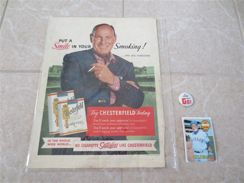 The Leo Durocher Package: 1955 Original Chesterfield Ad, 1969 Topps baseball card, pin