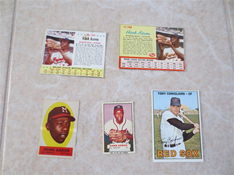 Hank Aaron Bazooka, Post and Topps Insert baseball cards plus 1967 Tony Conigliaro