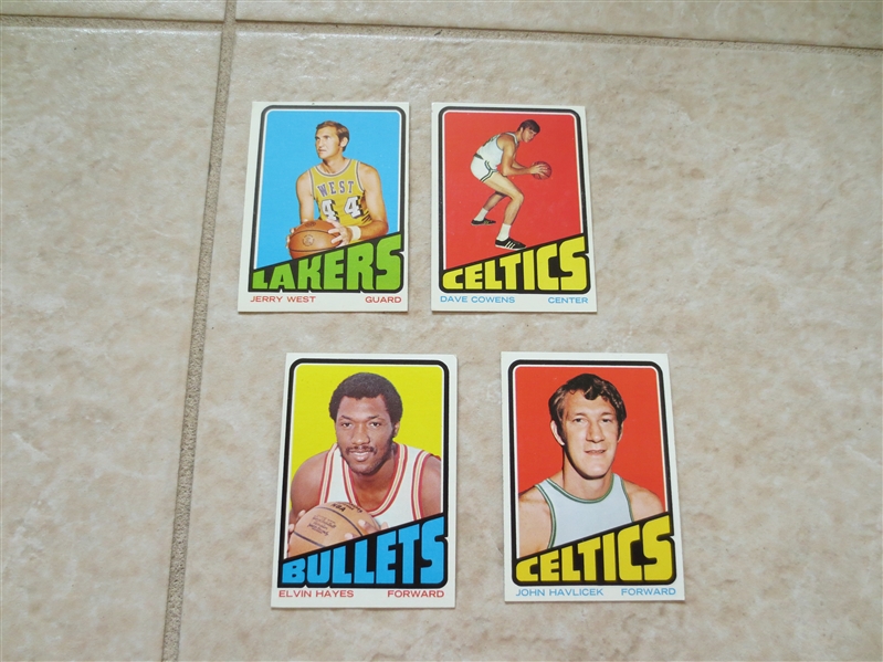 (4) 1972-73 Topps basketball cards Jerry West, John Havlicek, Dave Cowens, Elvin Hayes