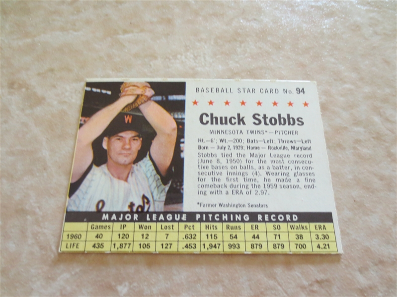 1961 Chuck Stobbs Post Cereal baseball card #94 RARE!  Super condition!