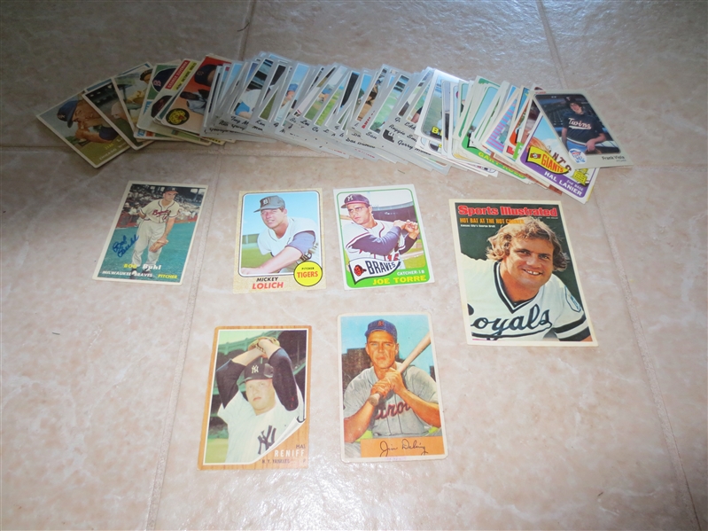 Grab Bag of 90 baseball cards with 65 Topps Torre, 68 Lolich, 57 Buhl autographed , more