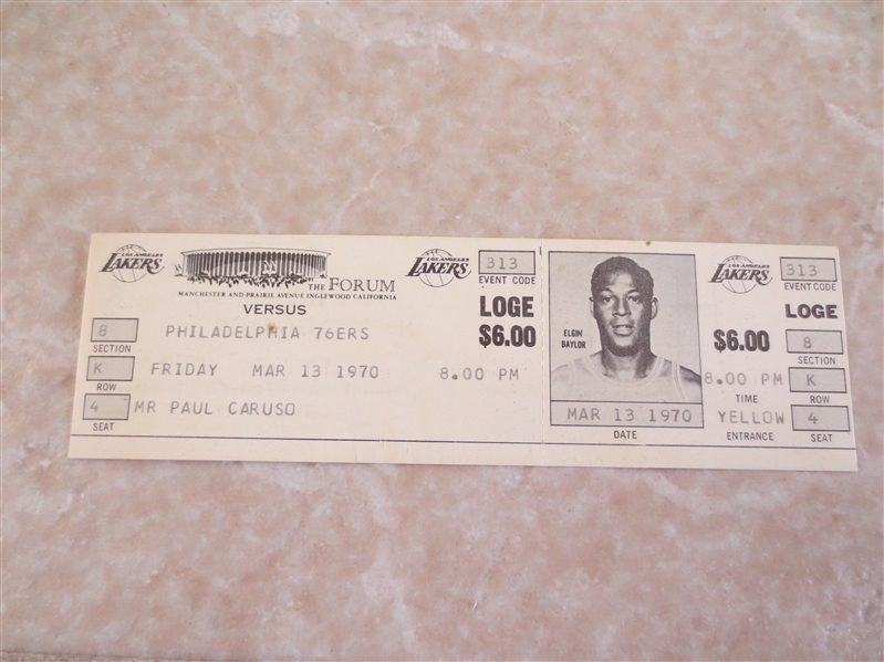 1970 Los Angeles Lakers FULL ticket vs. Philadelphia 76ers Elgin Baylor pictured