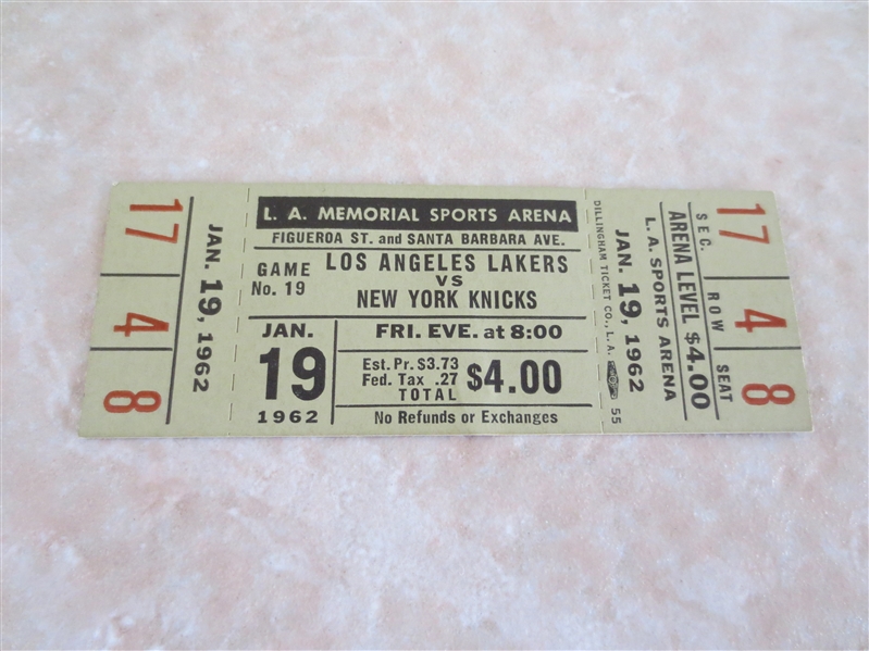 1962 New York Knicks at Los Angeles Lakers FULL ticket  2nd year in  Los Angeles