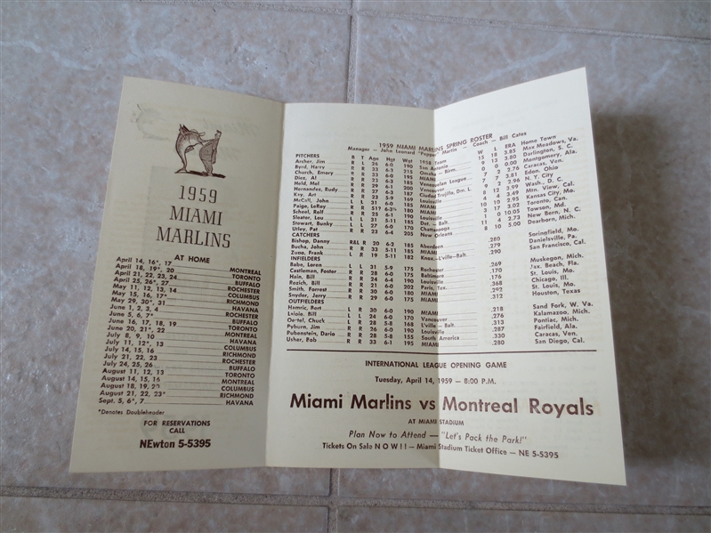 1959 Miami Marlins Baseball Roster /Spring Training Info with Satchel Paige!