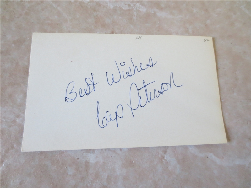 Autographed Cap Peterson 3 x 5 card  Very Rare---died at age 37 in 1980; SF Giants, Senators, Indians