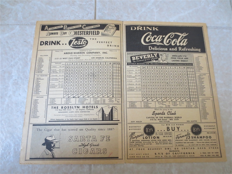 1946 Oakland Oaks at Los Angeles Angels unscored PCL baseball scorecard/program