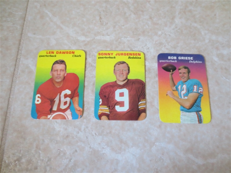 (3) 1970 Topps Super Glossy Len Dawson, Bob Griese, Sonny Jurgensen football cards