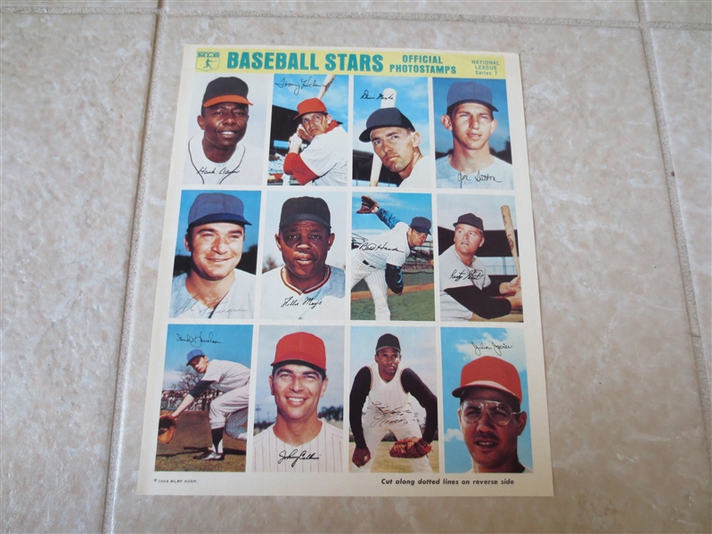 1969 Major League Baseball Official Photo Stamp Sheet with Clemente, Mays, and Aaron
