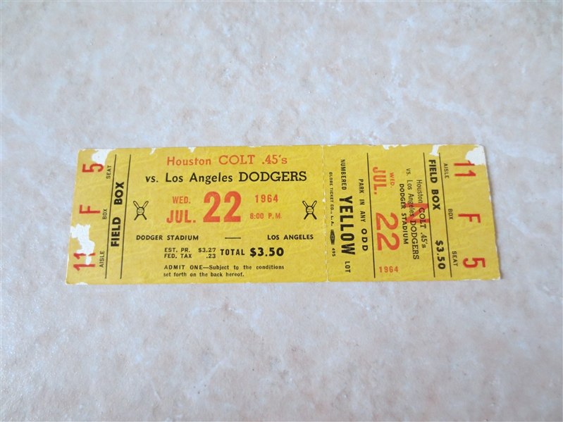 1964 Koufax Wins Full ticket Houston Colt 45's at Los Angeles Dodgers