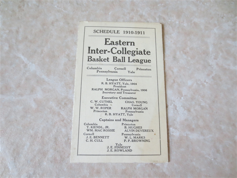 1910-11 Eastern Inter-Collegiate Basket Ball League schedule Columbia, Cornell, Princeton, Yale, Penn