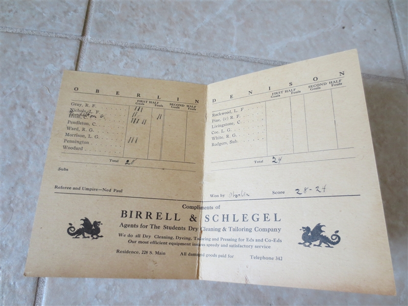 1909 Oberlin vs. Denison Basket Ball program/scorecard