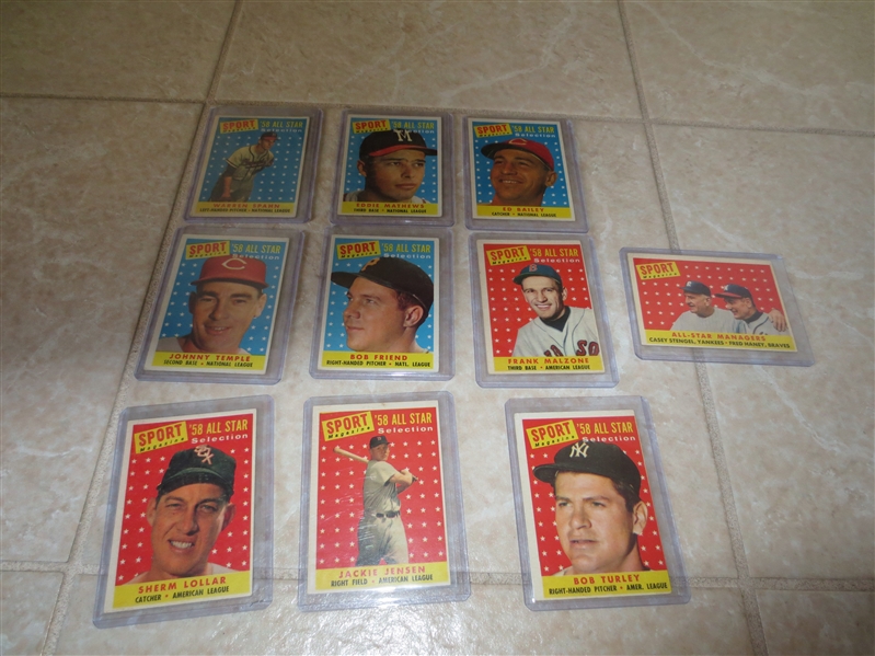 (10) 1958 Topps All Star Baseball Cards including Spahn, Mathews, Stengel